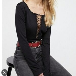 We the Free By Free People Jacqui Lace Up Black Long Sleeve Top Small Grunge